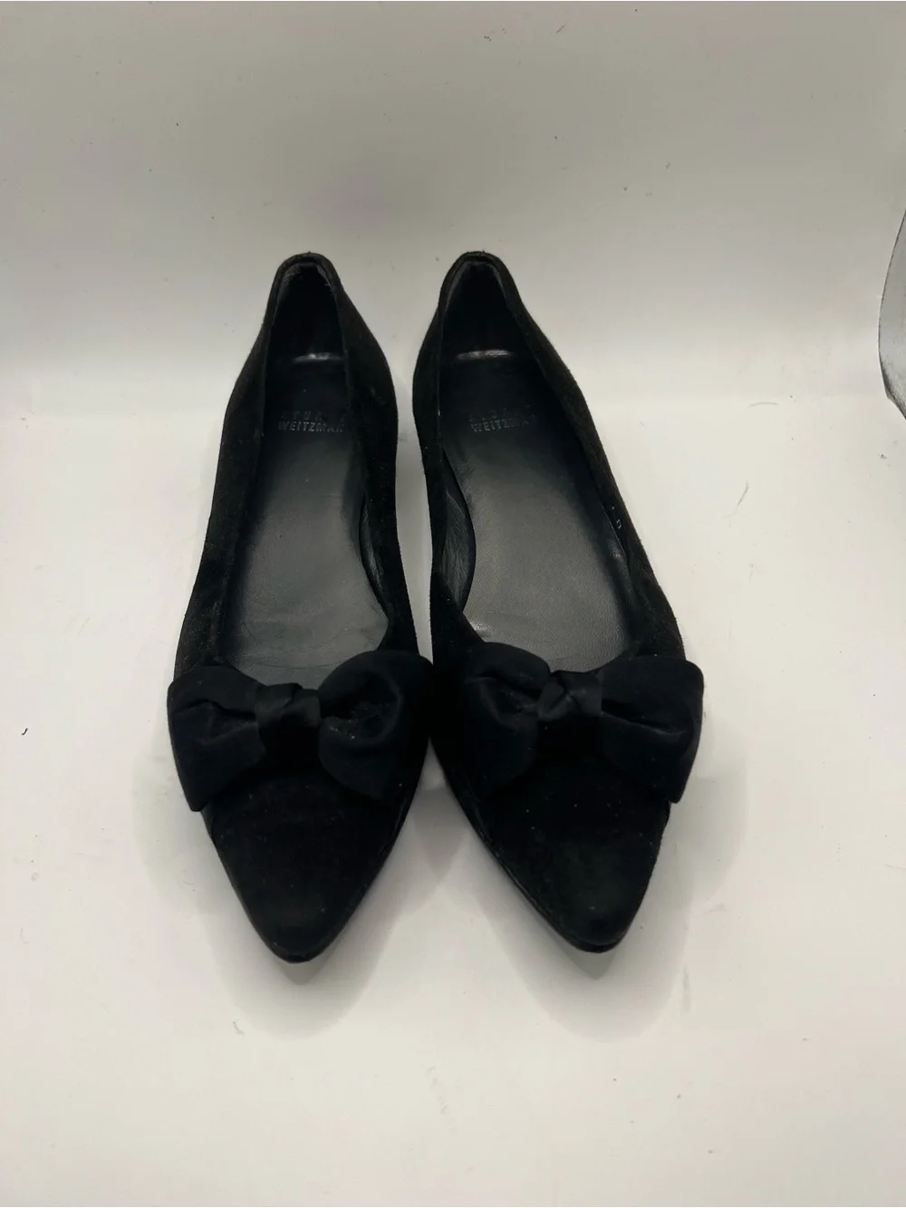 Stuart Weitzman Black Suede Pointed Toe Flats with Bow